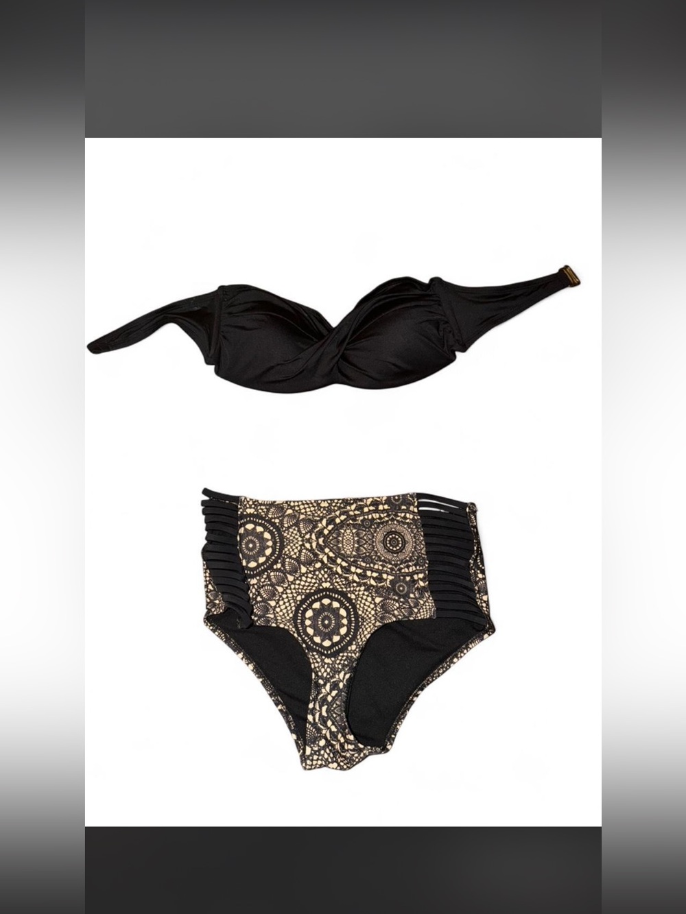 Black Twist Bandeau Bikini Top with High-Waist Lace-Patterned Bottoms